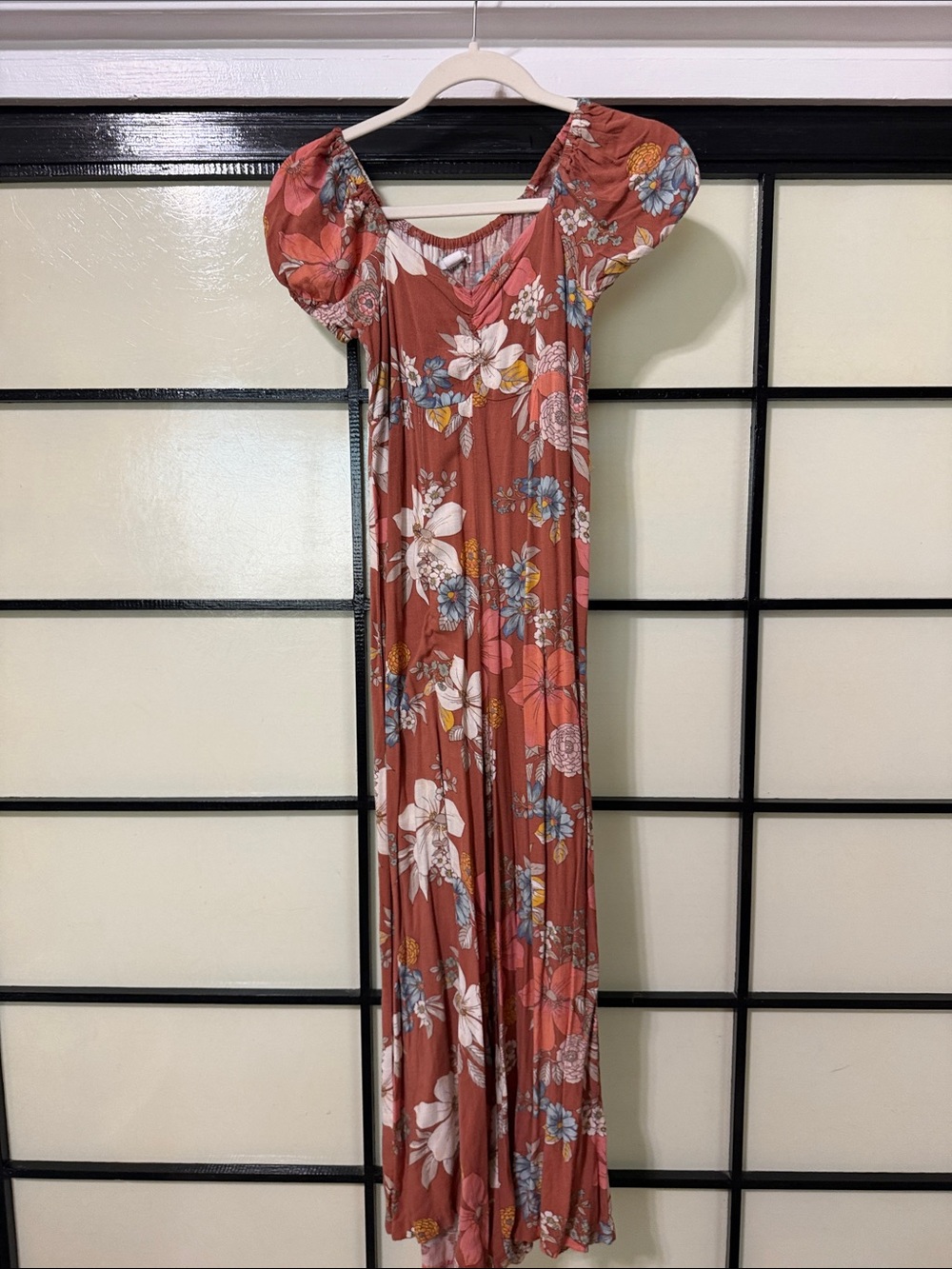 O'Neill Rust Floral Maxi romper with Puff Sleeves